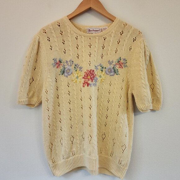 Bechamel Sweaters - Vintage Bechamel Short Slv Sweater Knit Cross Stich Top USA Women M Retro 80's